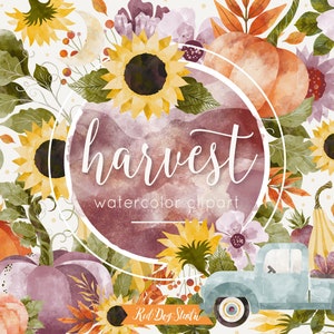 Autumn Harvest Clipart Illustrations, Watercolor Pumpkin Clip Art, Watercolor Truck, Truck with Pumpkins, Squash, Watercolor Fall Wedding