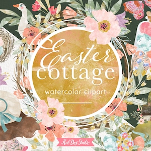 Ostern Clipart, Aquarell Frühling Blumen, Cottage Clip Art Illustrationen, Osterkranz, Ostereier, Kabine Clipart, Aquarell Ostern PNG