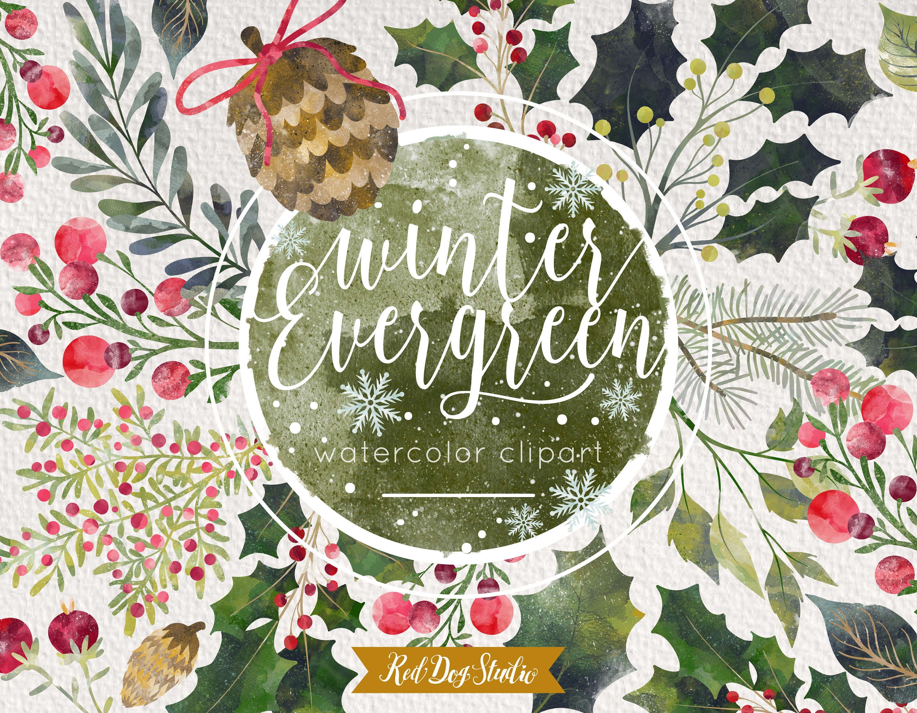Winter Greenery Clipart, Watercolor Winter Clipart, Watercolor Greenery,  Pine Branch, Pine Cone, Mistletoe, Poinsettia, Christmas Clipart 