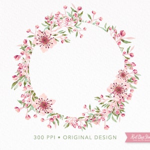 Sakura Wreath PNG Clipart Image, Watercolor Cherry Blossom Frame, Wedding Invitation Circle Frame, Pink Floral Border Monogram Frame PNG