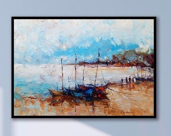 Boats Oil Painting On Canvas: Beach Seascape Art, Impressionism