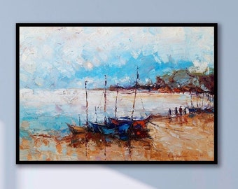 Boats Oil Painting On Canvas, Boats at the beach, Boats art, Sailboats art, Boats on canvas art, Boats original painting, seascape painting