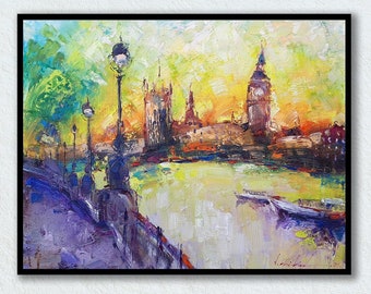 Pintura al óleo original de Londres: Arte impresionista del río Támesis