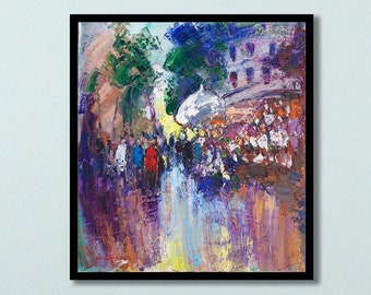 May include: A colourful abstract painting depicting a street scene with buildings, people, and a cafe awning. The painting is done in a loose, impressionistic style with vibrant colours and brushstrokes.