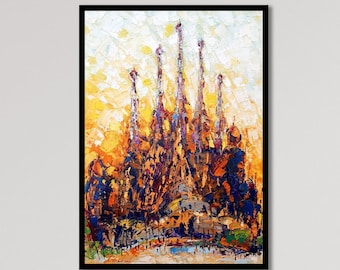 May include: A colorful painting of the Sagrada Familia church in Barcelona, Spain. The painting is done in a style that resembles brushstrokes, giving it a textured look. The church is depicted in a warm, golden light, with blue and purple accents.