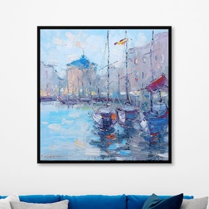 Pintura al óleo de velero enmarcada: obra de arte náutico abstracto (16x16)