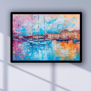 Pintura al óleo original de veleros: impresionismo 3D, obra de arte náutico enmarcada