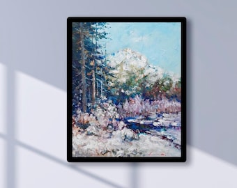 子供たちとの冬景色。油絵オリジナル。印象派の風景。雪絵の冬の風景