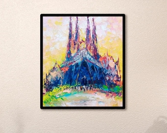 May include: A framed abstract painting of a cathedral with tall spires, rendered in vibrant blues, yellows, and greens. The artwork is displayed on a light-colored wall above a wooden cabinet.