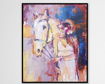Original Oil Painting: Woman with Horse, Impressionism Art (19.6x22)