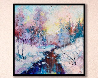 Impressionist Winter Landscape Oil Painting: Palette Knife Snow Scene, 16x16