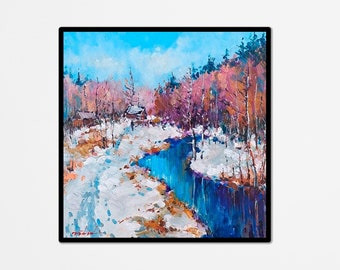Winter River Landscape Oil Painting on Canvas: Impressionism Art (16"x16")