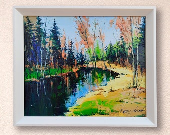 Peinture à l'huile encadrée de paysage de rivière : art mural impressionniste 3D (10 x 12)