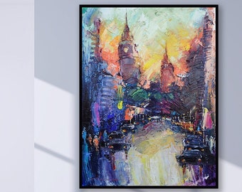 Pintura al óleo del Big Ben sobre lienzo: Paisaje urbano de Londres para pared.