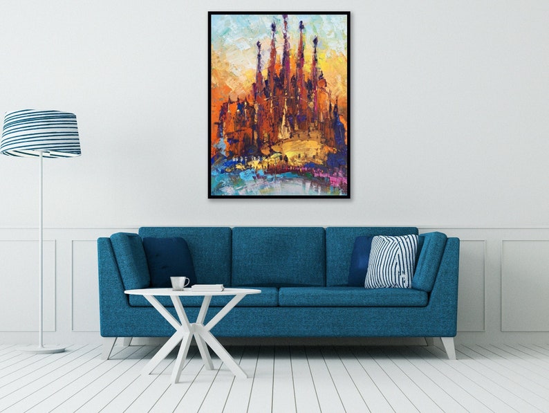 May include: A painting of a colourful cityscape with tall buildings and a blue sky. The painting is done in a loose, impressionistic style with thick brushstrokes.