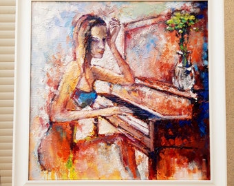 ピアノを弾く少女 60 x 80 cm ピアノを弾く女性、音楽、油彩、手描き