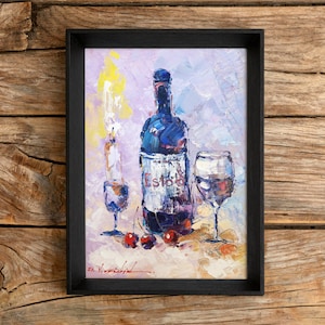 Wine Still Life Oil Painting: Original Kitchen Wall Decor (16x12 inch)