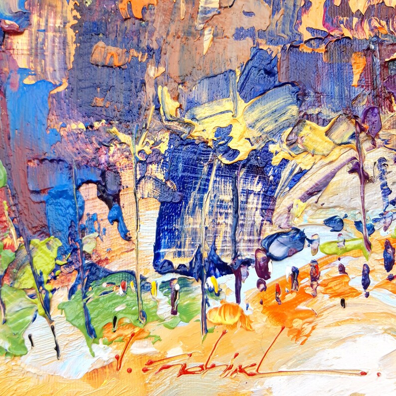 May include: Abstract painting with thick brushstrokes in shades of blue, yellow, orange, and green. The painting features a landscape scene with trees and a signature in the bottom right corner.