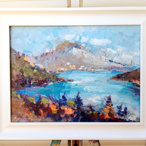 Framed Mountain Seascape Oil Painting: Impressionist Landscape Art (12x16)