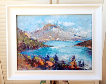 Framed Mountain Seascape Oil Painting: Impressionist Landscape Art (12x16)