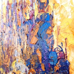 May include: Abstract painting with thick brushstrokes in shades of blue, orange, yellow, and purple.