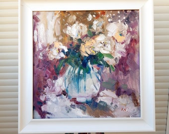 Pintura al óleo original de rosas sobre lienzo: arte floral impresionista en 3D