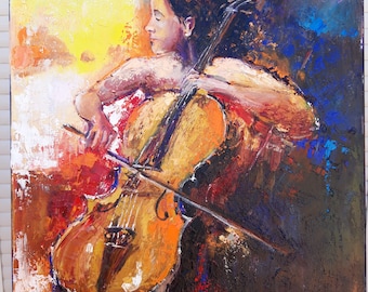 Woman with Cello Oil Painting: 3D Impressionism Art (27x23.7)