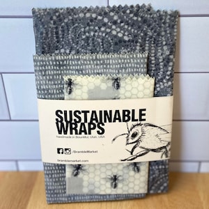 Sustainable Beeswax Wraps, Set of 3- Calm Bees Set, reusable wraps, eco friendly food storage, zero waste, gift under 30, handmade in USA