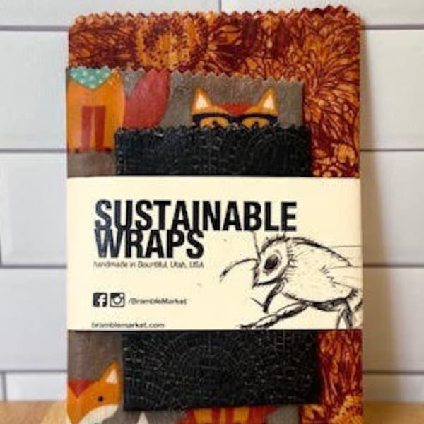 Sustainable Beeswax Wraps, Set of 3- Fox Set, reusable beeswax wraps, eco friendly food storage, zero waste gift under 30, handmade in USA