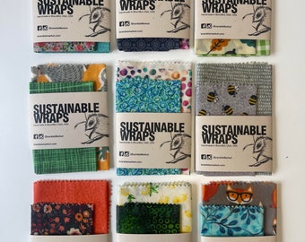 S/M Sustainable Wraps, set of 2, reusable beeswax food wrap, eco-friendly food storage, zero waste gift under 20, handmade in the USA