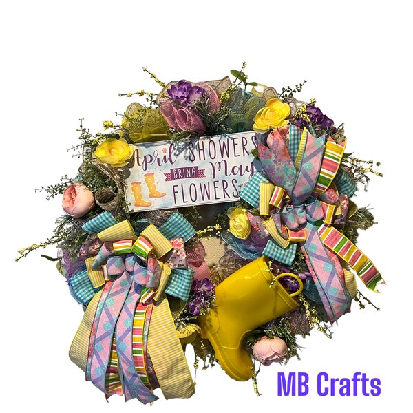 Spring decor, wreath and floral arrangement set, April showers, rain boot decor