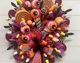 Halloween ice cream cone wreath, pink and orange Halloween decor, Halloween candy design, eye ball Halloween wreath