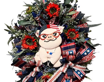 Patriotic pig wreath, patriotic decor, red white a blue pig