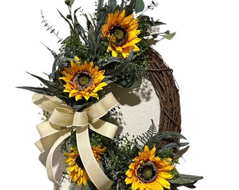 corona de vid de girasol, decoración floral, corona de granja