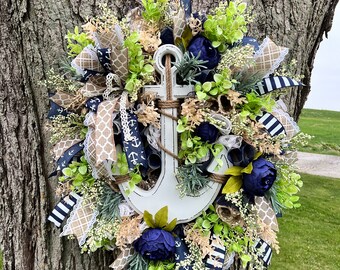 Nautical anchor wreath, ocean side decor, navy blue wreath, summer design