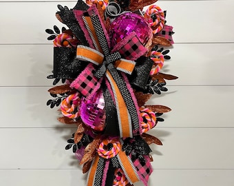 Halloween disco ball swag, Halloween wreath, pink Halloween decor