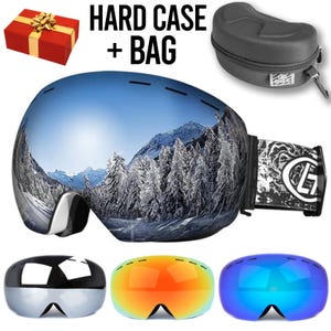 May include: A pair of ski goggles with a mirrored lens and a black and white strap. The goggles are shown with three different lens colours: silver, orange, and blue. The goggles come with a hard case and a bag. HARD CASE + BAG is written in white text on a black background.