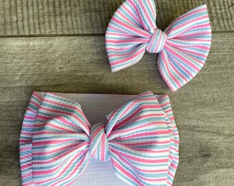 Newborn Hospital Headwrap, Pink and Blue Bow on Nylon, Baby headband, Hospital Bow, Headband, Infant Bow, Newborn Hospital Bow, Newborn Bow