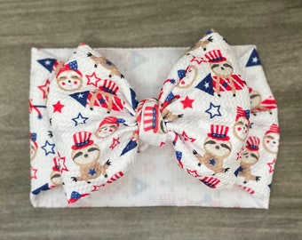 Sloth 4th of July Headwrap, Sloth Headwrap, USA Baby head wrap, Big Bow headband, Fourth of July Bow, Patriotic Bow, Sloth Bow, USA Bow