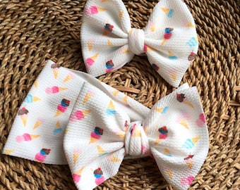 Ice cream Headwrap, Ice Cream  Bow on nylon, Ice cream head wrap, Baby headband, Party Bow, Ice cream Headband, Ice cream Bow