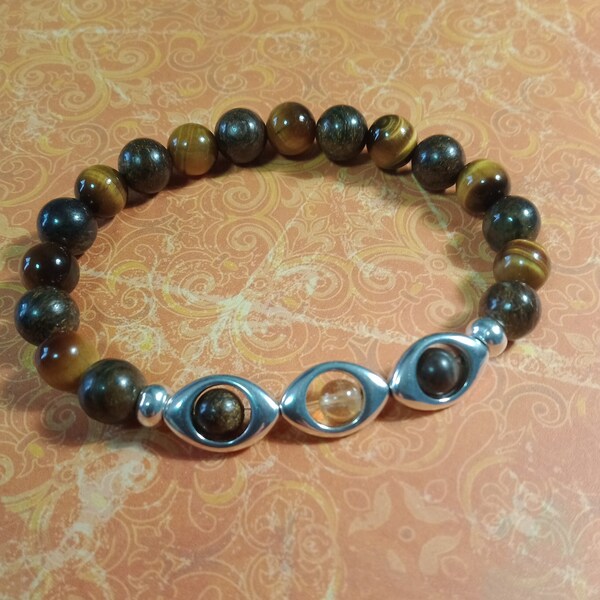Bracelet homme en Bronzite et Oeil de tigre, perles 8mm, 1 perle centrale Citrine, intercalaires métald DQ (métal Designer Quality)