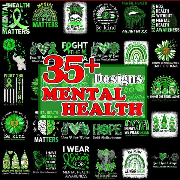 Mental Health Awareness Bundle Png, 35+ Mental Health Png, Mental Health Gnome, In May We Wear Green, Green Ribbon, Digital File Download