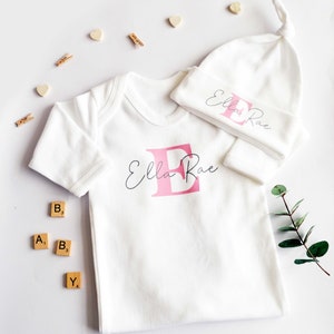 Newborn Personalised Babygrow & Hat | Baby Announcement Matching Bodysuit| Baby Romper | Personalised Baby Outfit |  New Baby Gift