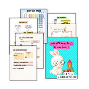 Puede incluir: Una descarga digital imprimible para una guía de cuidado de conejos de 14 páginas. La guía incluye un rastreador de tareas de conejos, listas de frutas y verduras seguras, un rastreador de golosinas e instrucciones para cuidadores de mascotas. La portada presenta un conejo de dibujos animados con gafas jugando con bloques de construcción.
