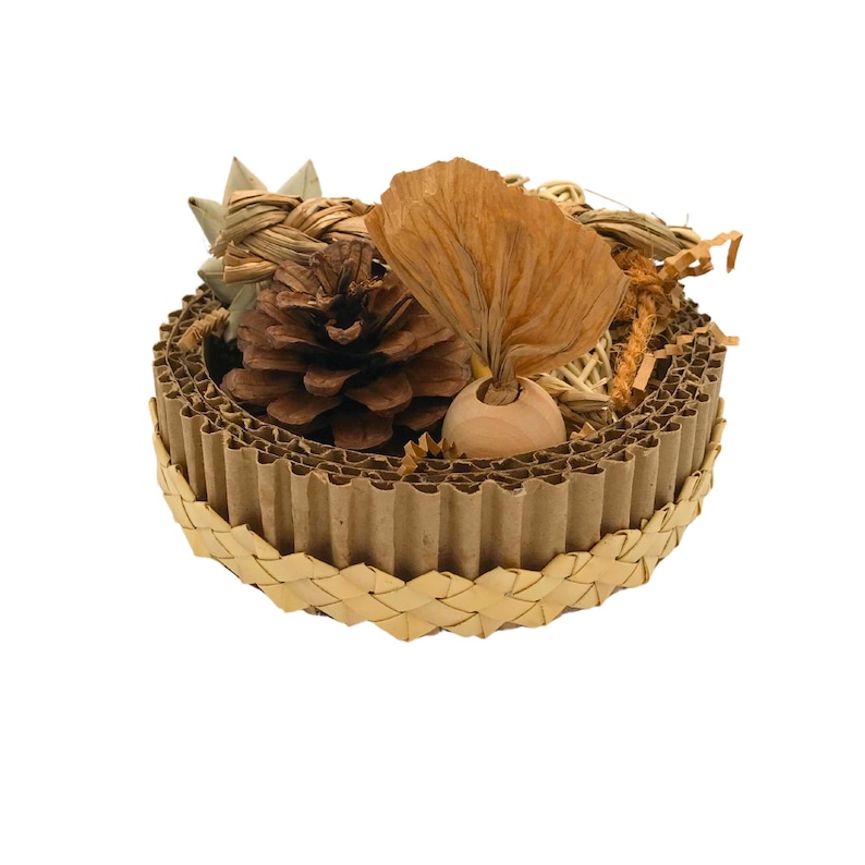 May include: A circular decorative item with a natural theme. It has a corrugated cardboard base with a woven edge. Inside are a pine cone, dried leaves, and other natural elements. The colours are mainly brown and beige.