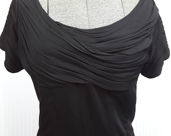 D'Allairds black evening dress with detailed ruching puffed sleeves and neckline.