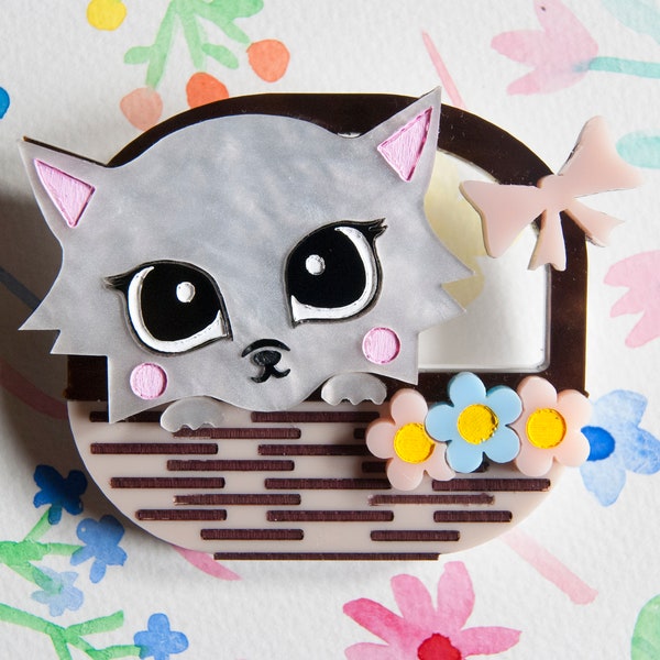 Bella the Basket Kitty Acrylic Brooch