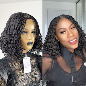 READY TO SHIP Braided Wigs, Knotless Box Braids Wig, Micro Braid Wig, Braided Wig for Black Women, Short Braided Wig, Braids Wigs with Curls