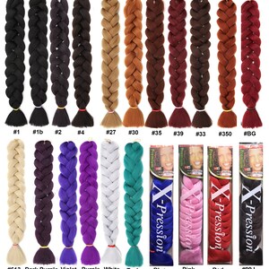 May include: A selection of synthetic braiding hair in various colors, including black, brown, blonde, purple, teal, blue, pink, and red. The hair is arranged in rows, with each row labeled with a number and color name. The hair is packaged in clear plastic bags with the brand name "X-Pression" printed on them.