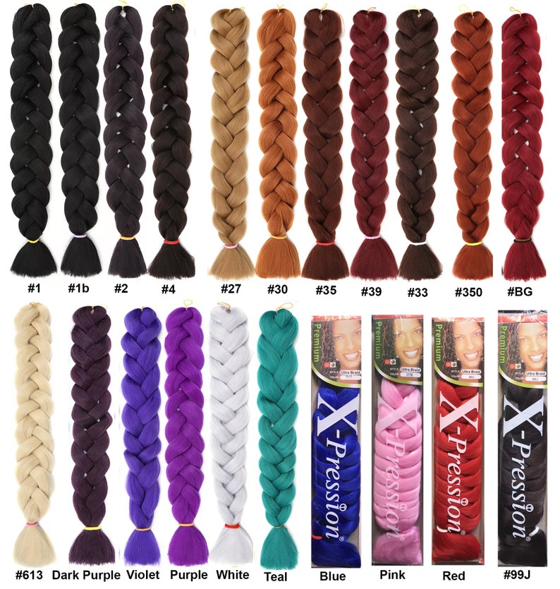 May include: A selection of synthetic braiding hair in various colors, including black, brown, blonde, purple, teal, blue, pink, and red. The hair is arranged in rows, with each row labeled with a number and color name. The hair is packaged in clear plastic bags with the brand name "X-Pression" printed on them.
